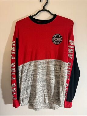 PINK Victoria's Secret Red, Black & Gray Colorblock Long Sleeve Tee